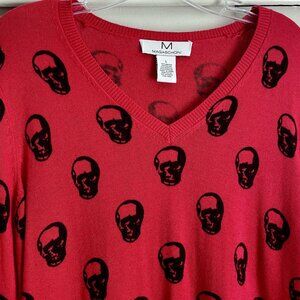 Magaschoni Red + Black Skull Cashmere Blend V Neck Sweater Size L